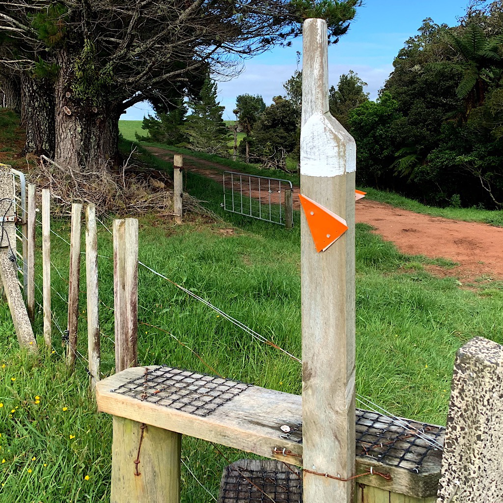 A beautiful stile with a handle, tread and the orange triangle pointing the way through private land. 