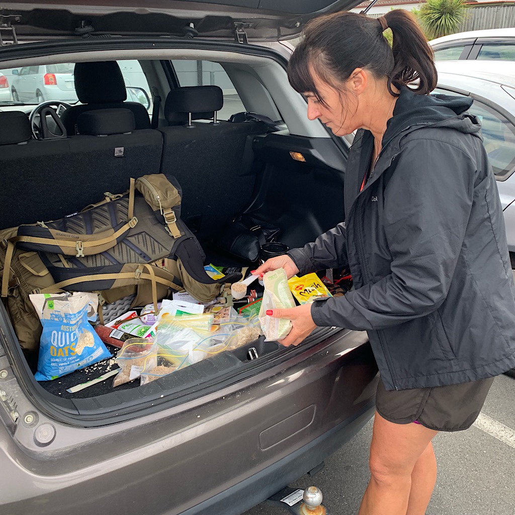 Irene portions out healthy food in baggies for the next sections of the Te Araroa. 