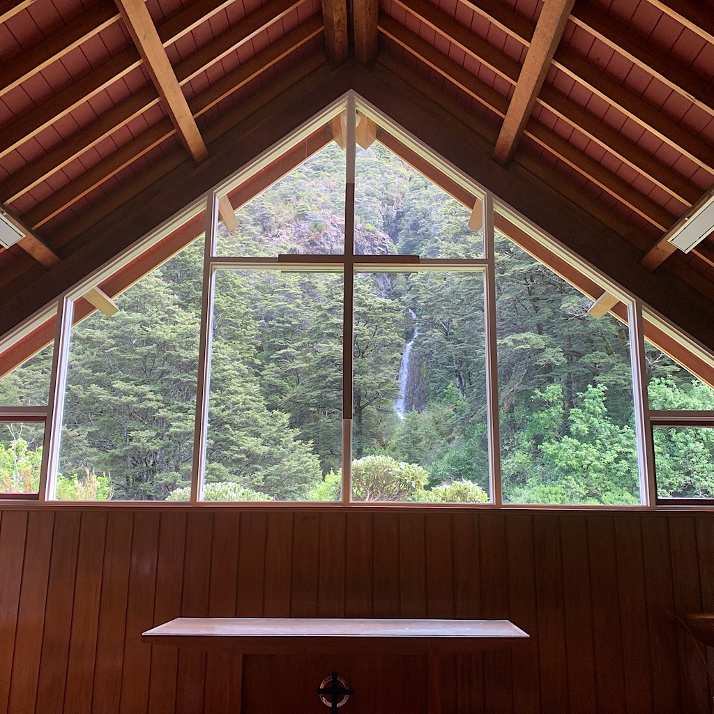A peaceful moment in the gorgeous church in Arthur's Pass. No stained glass window can compete with nature's glory. 