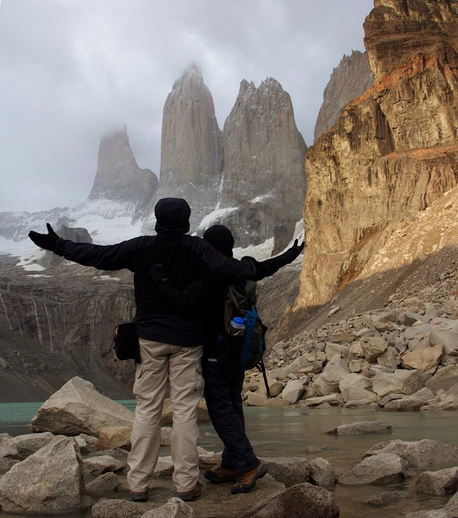 Richard and Blissful welcome dawn under the Torres del Paine in Southern Chile. 