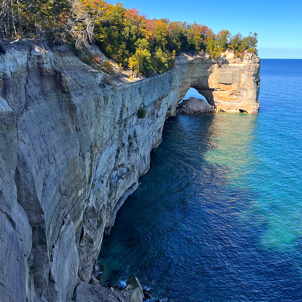 Pictured Rocks' Cambrian Sandstone Grand Portal, no longer open for boats as the lake's massive force has eroded its arch. 