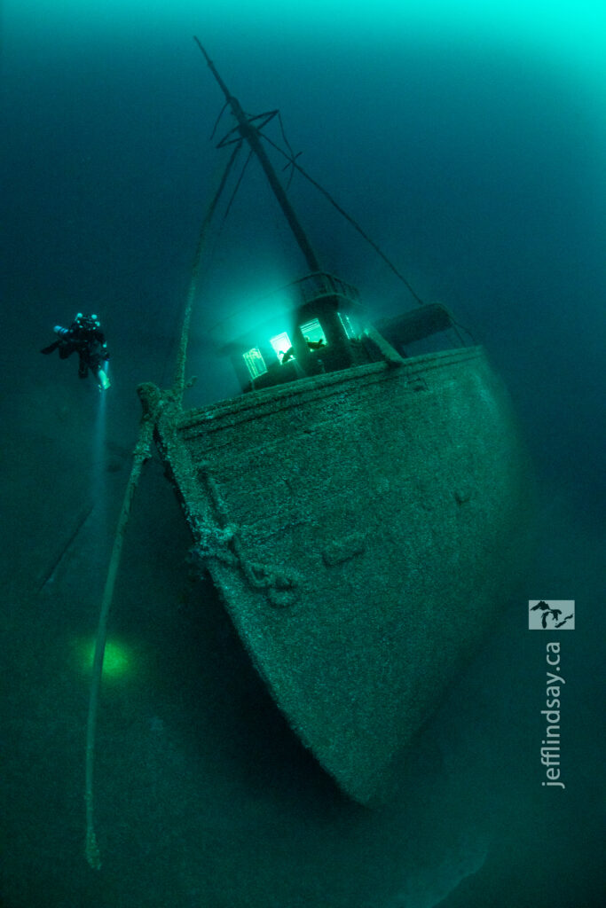 At the wreck of The Ohio, an early wooden bulk carrier lying 300 feet deep in Lake Huron.